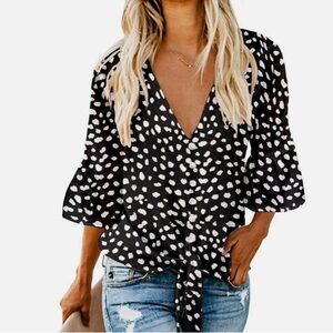 Womens Button down V Neck Tie Knot Front Tops 3/4 Sleeve Chiffon Casual Blouse S